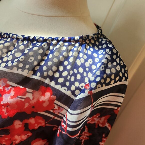 GUESS Los Angeles sz L Floral Semi-Sheer Blouse Top Long Sleeve Navy Blue Red - Picture 9 of 14
